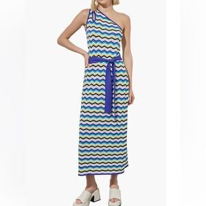 Ming Wang one shoulder chevron stitch maxi sweater dress